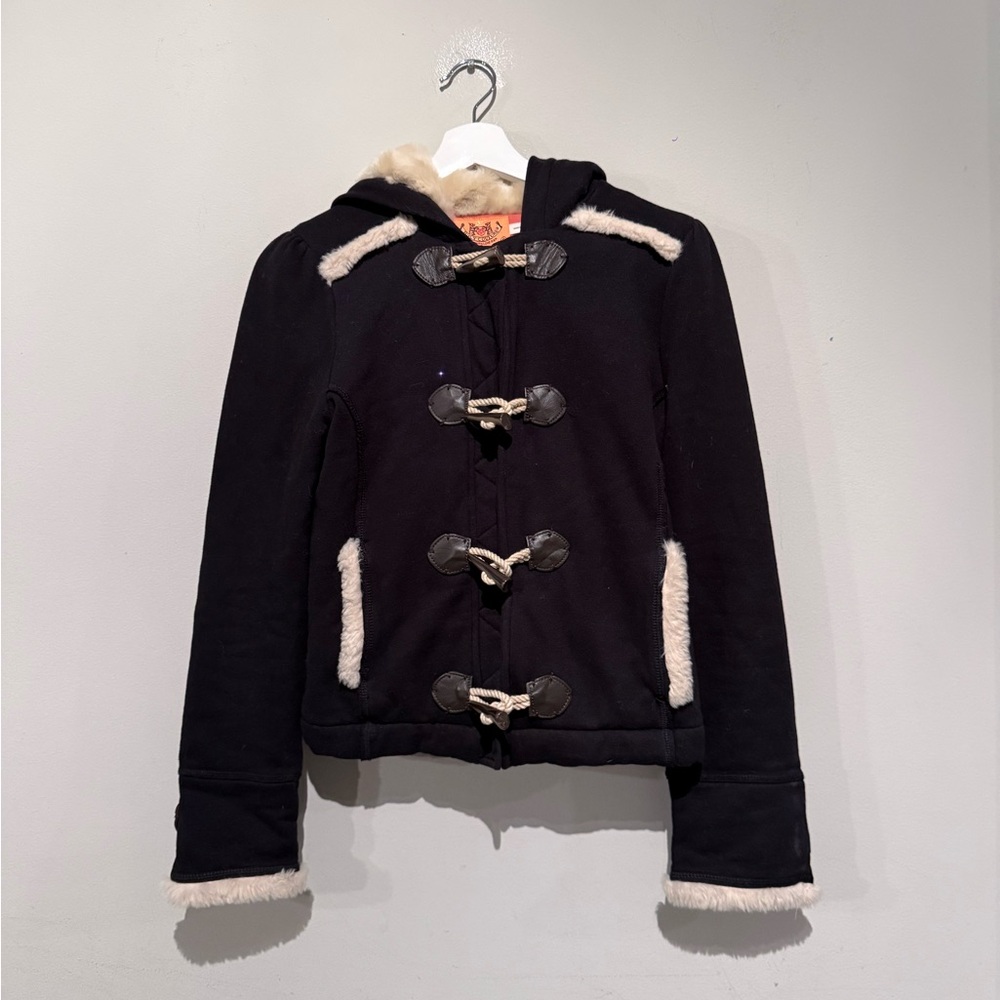 Vintage Juicy Couture Faux Fur Trim Hooded Jacket 2000s Y2K Women S Black